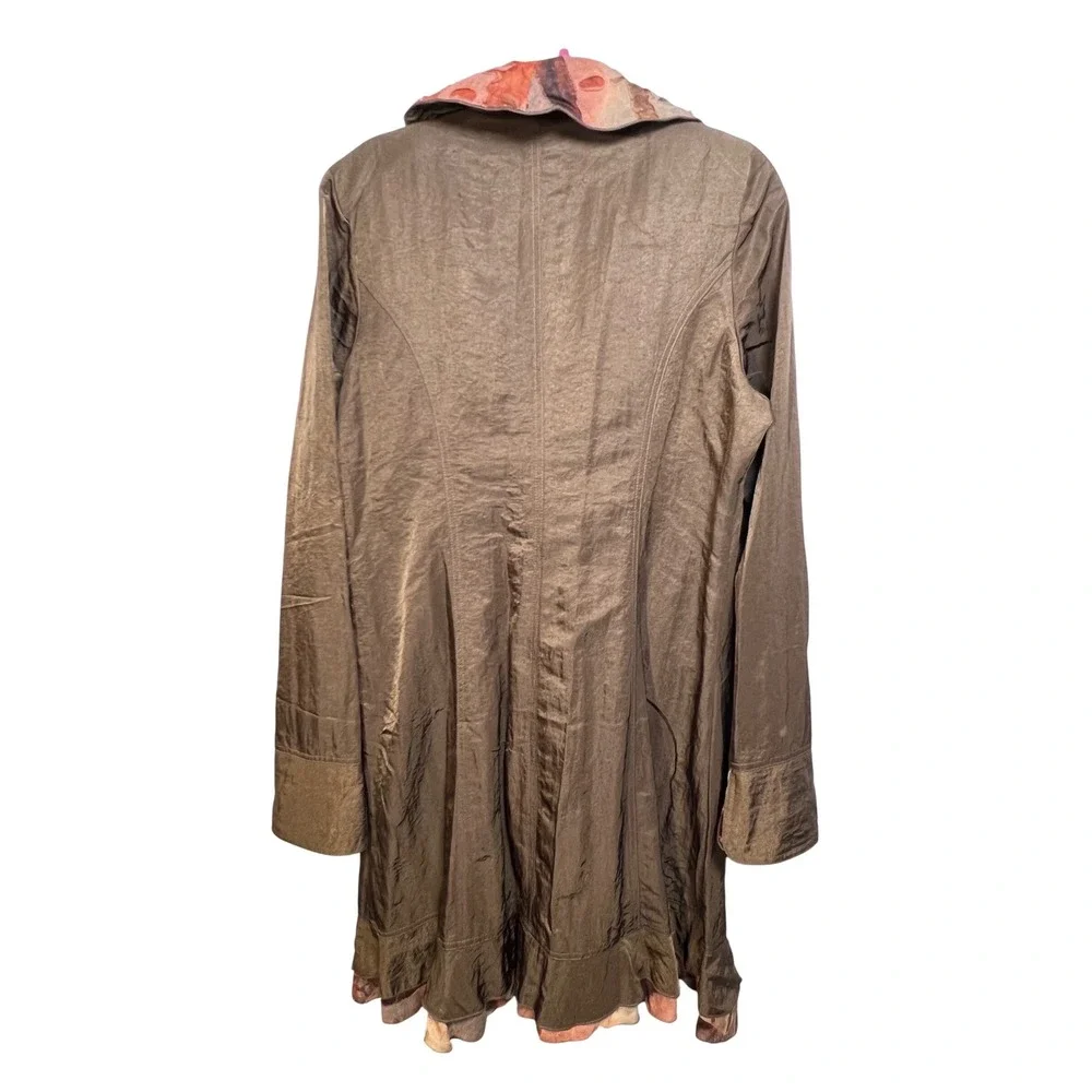 Design Todays Brown Crinkle Nylon Ruffle Duster Coat Jacket XL Art to Wear USA